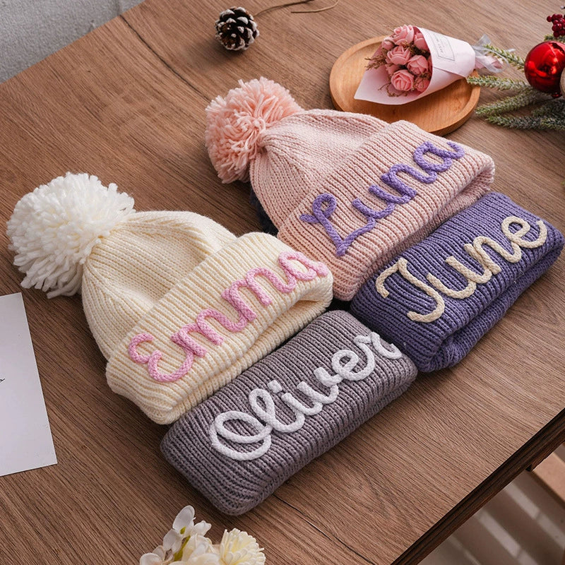 Hand Embroidered Kids Hat with Pom Pom