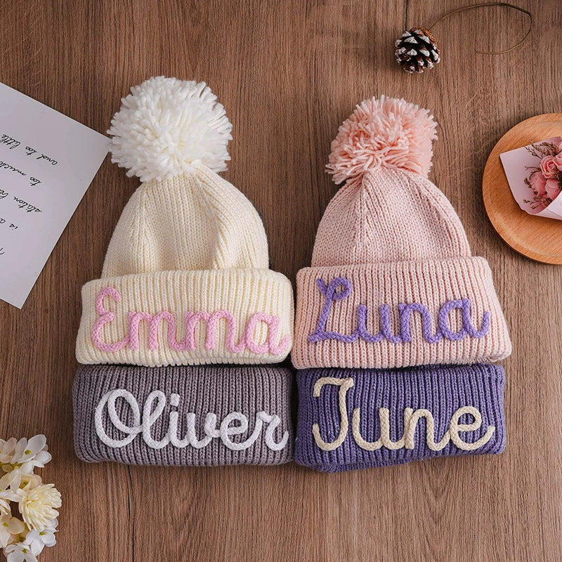 Hand Embroidered Kids Hat with Pom Pom