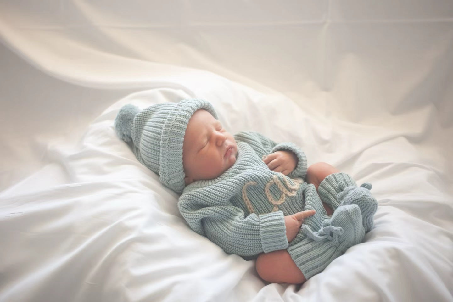 Hand-knit frill leg newborn announcement romper& Beanie & Bootie & Topknot Bundle