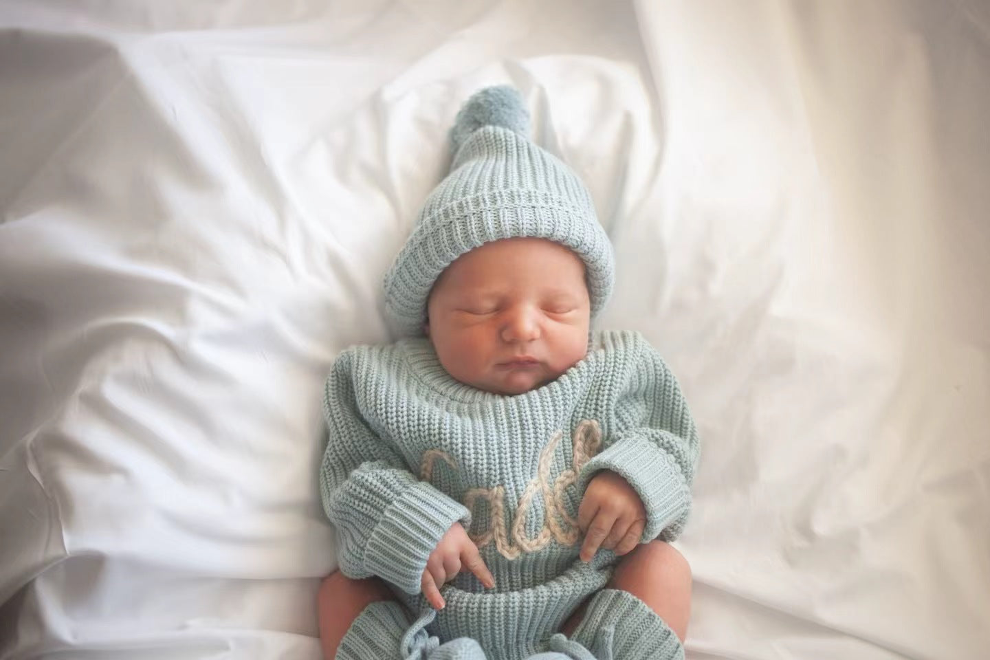 Hand-knit frill leg newborn announcement romper& Beanie & Bootie & Topknot Bundle