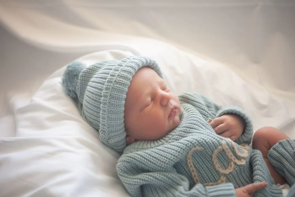 Hand-knit frill leg newborn announcement romper& Beanie & Bootie & Topknot Bundle