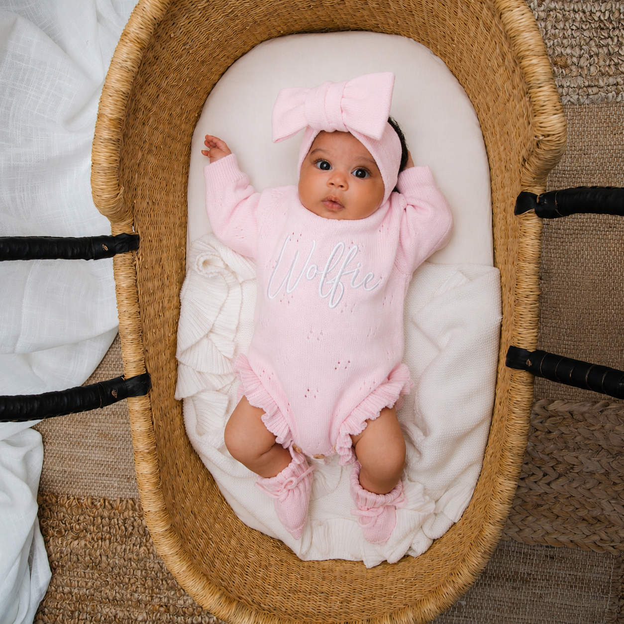Personalised Baby Pink Knit Romper – Lightweight Embroidered Cotton Summer Outfit