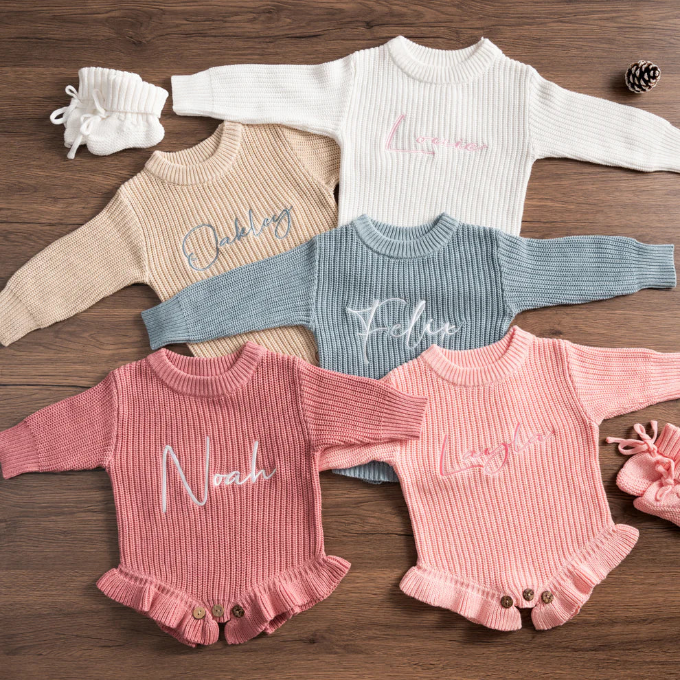 Chunky Knit Romper & Beanie & Bootie & Topknot Bundle