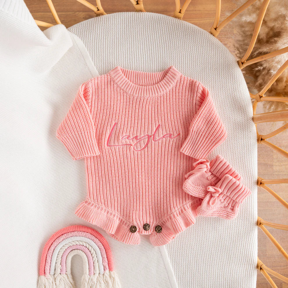 Chunky Knit Romper & Beanie & Bootie & Topknot Bundle