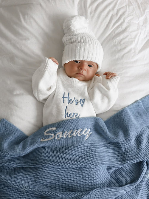 Blush Pink Knitted Personalised Baby Blanket