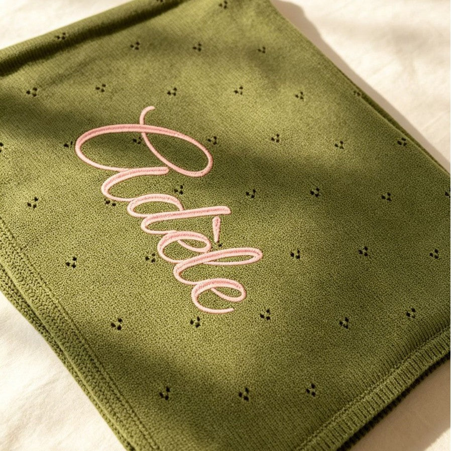 Personalized Knit Baby Blanket: Pointelle Swaddle, Newborn Gift