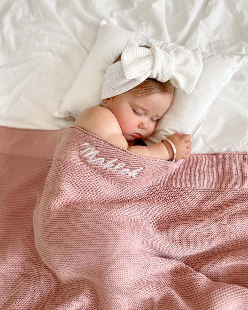 Blush Pink Knitted Personalised Baby Blanket