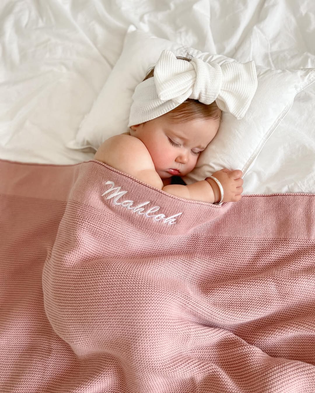 Blush Pink Knitted Personalised Baby Blanket