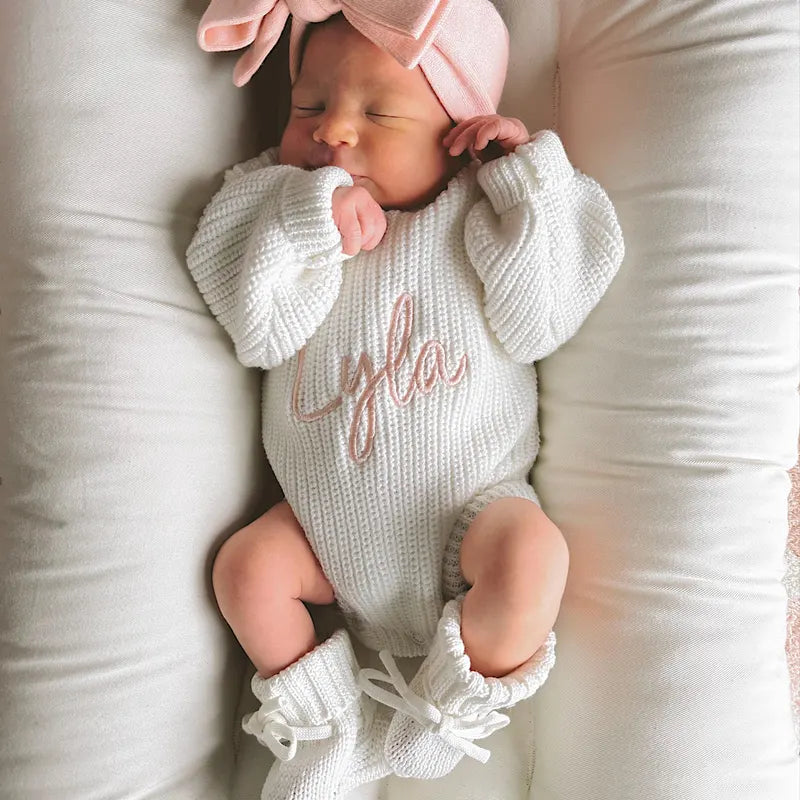 Chunky Knit Romper & Beanie & Bootie & Topknot Bundle