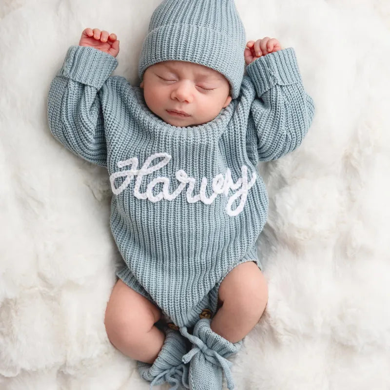 Hand-knit frill leg newborn announcement romper& Beanie & Bootie & Topknot Bundle