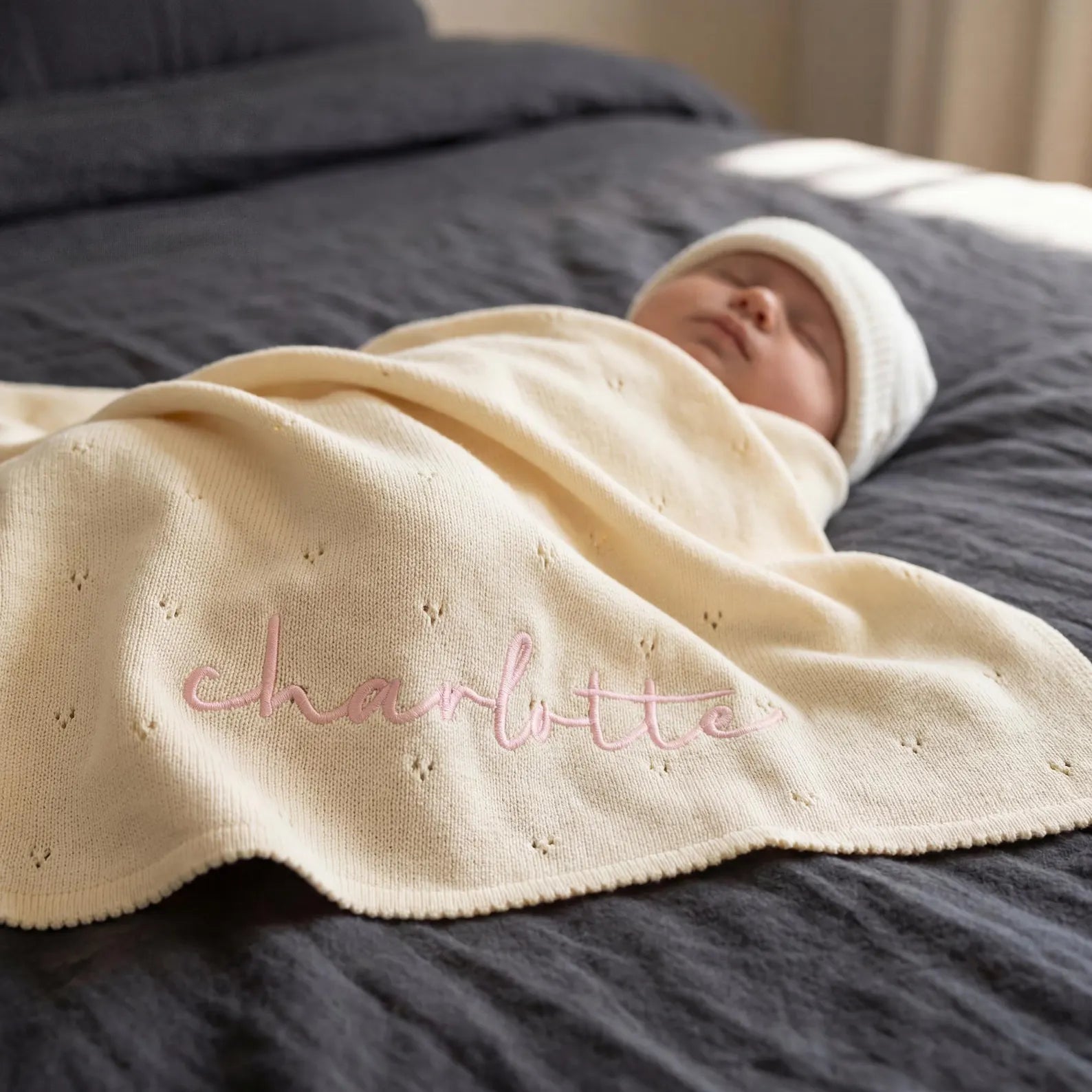 Personalized Knit Baby Blanket: Pointelle Swaddle, Newborn Gift