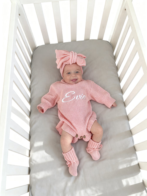 Chunky Knit Romper & Beanie & Bootie & Topknot Bundle