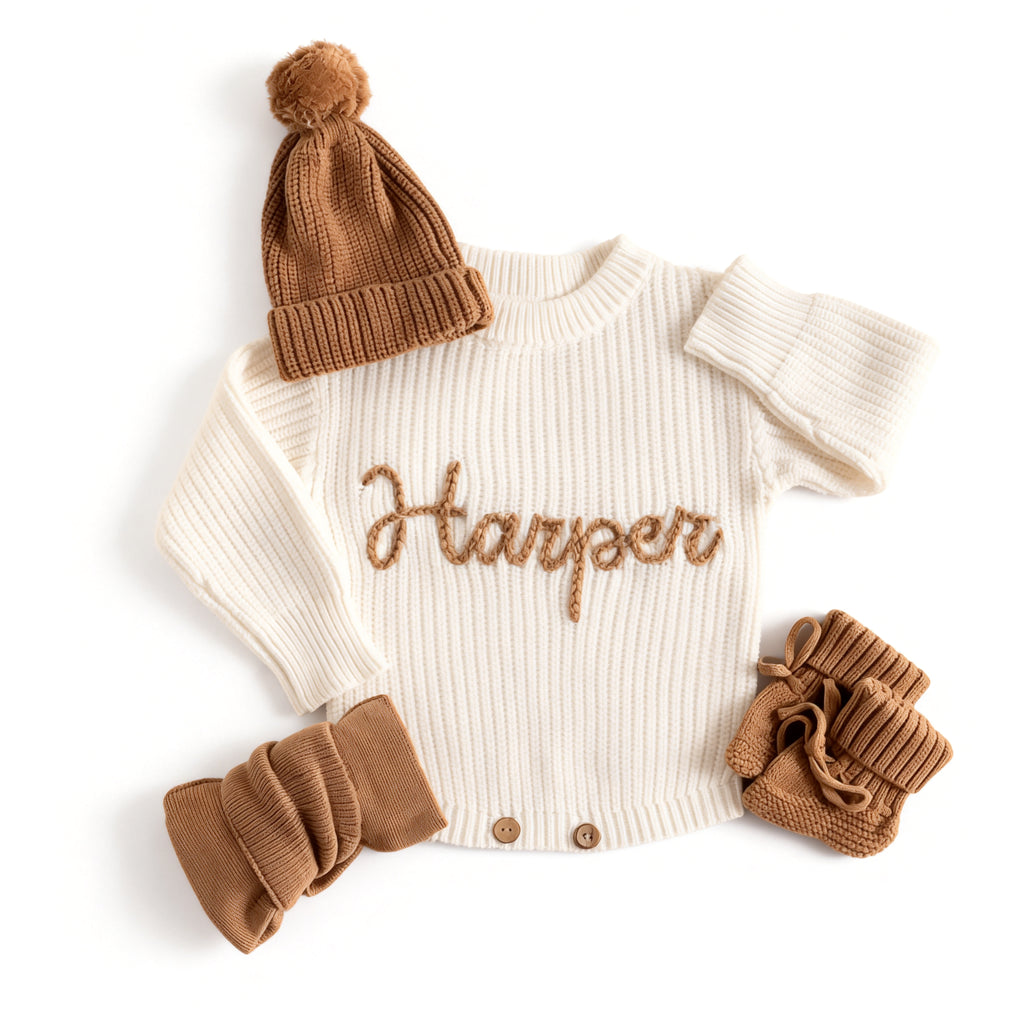 Hand-knit frill leg newborn announcement romper& Beanie & Bootie & Topknot Bundle