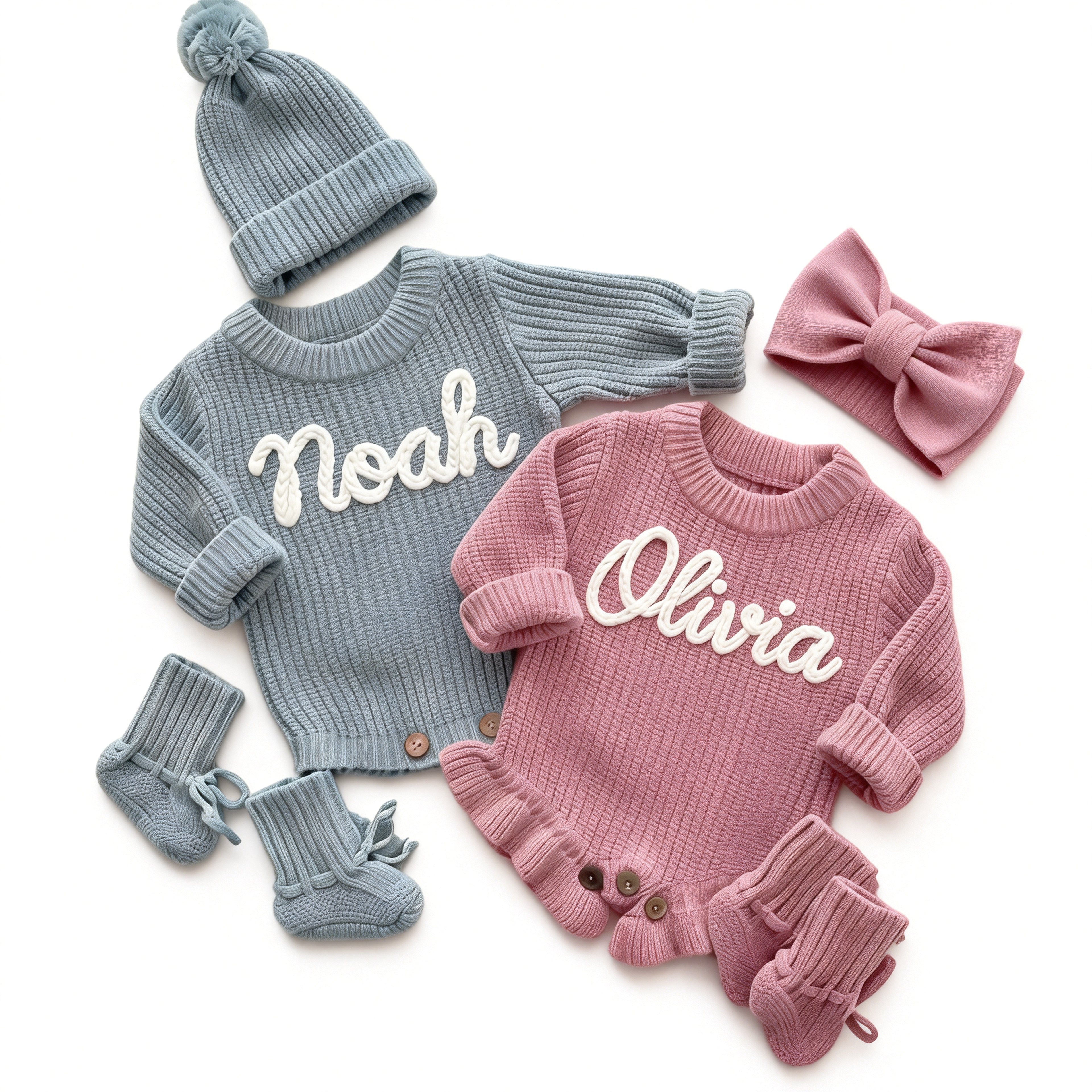 Hand-knit frill leg newborn announcement romper& Beanie & Bootie & Topknot Bundle