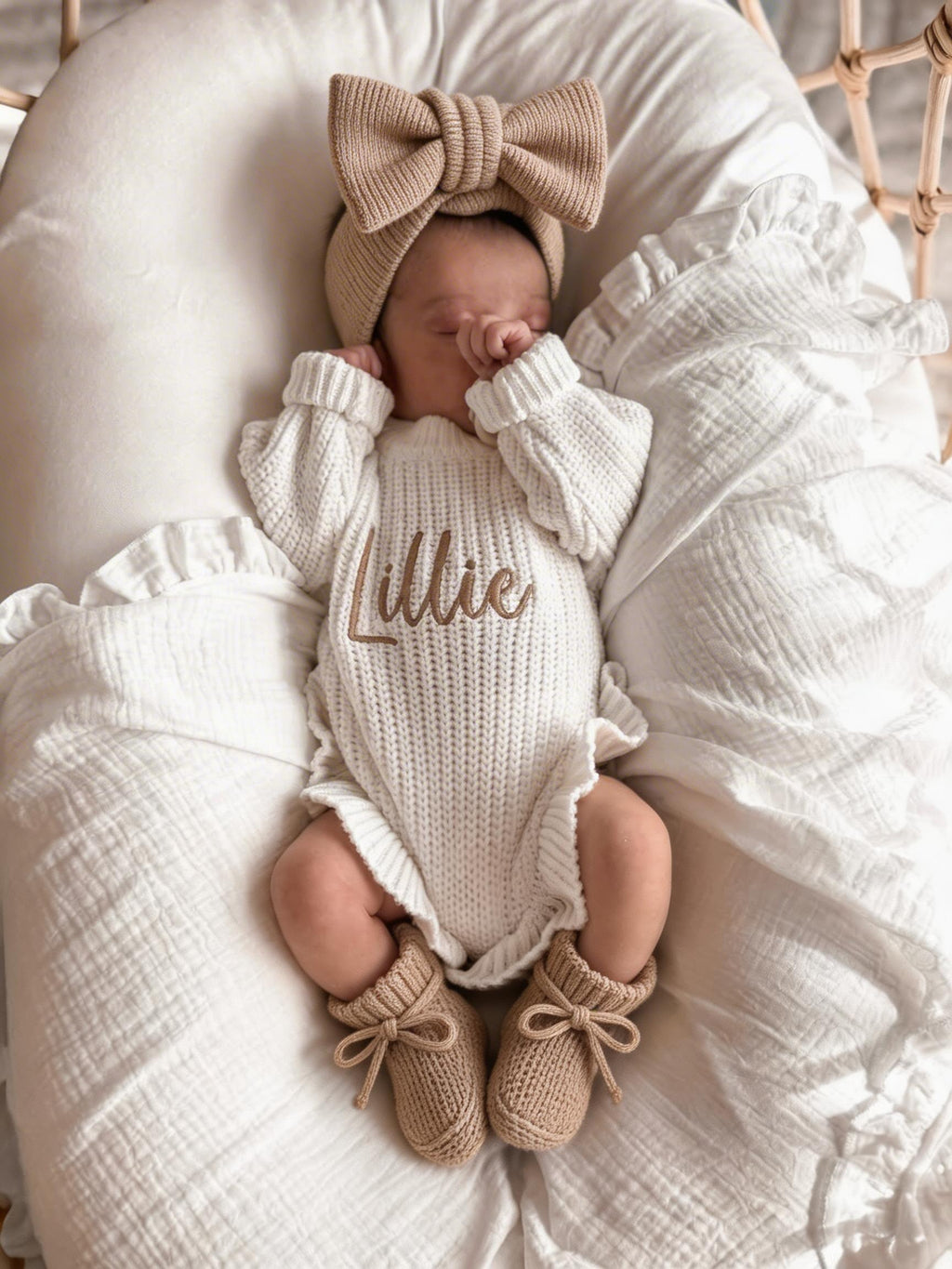 Chunky Knit Romper & Beanie & Bootie & Topknot Bundle
