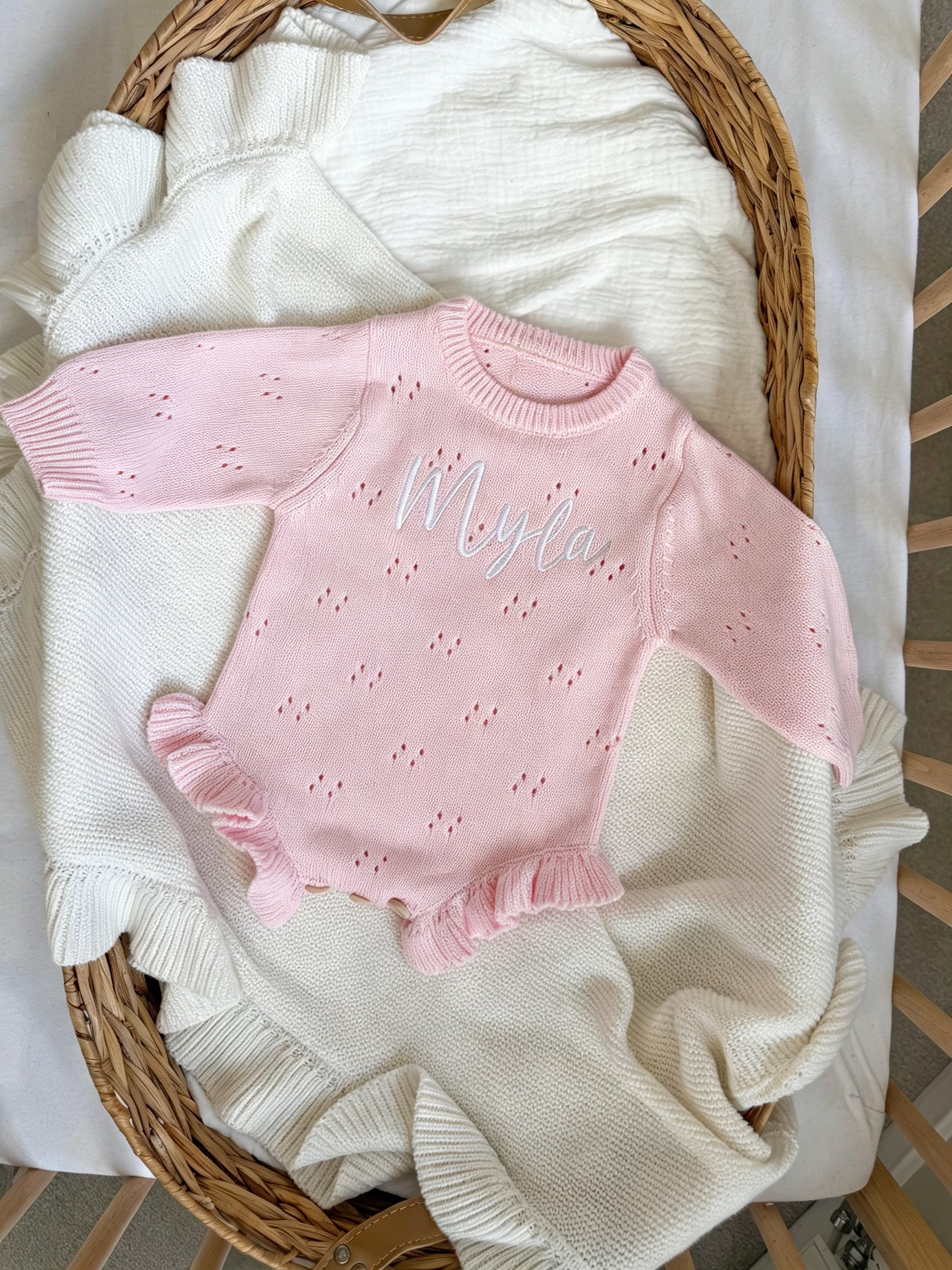 Personalised Baby Pink Knit Romper – Lightweight Embroidered Cotton Summer Outfit