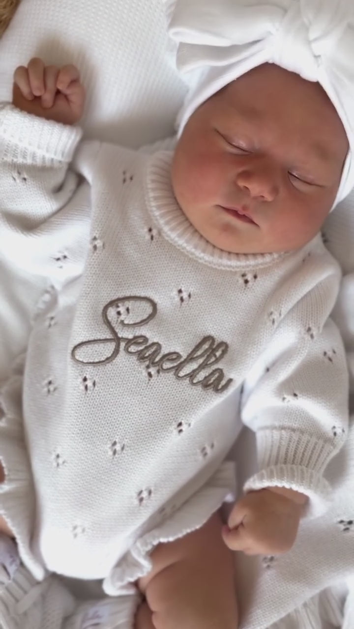 Personalised Baby Pink Knit Romper – Lightweight Embroidered Cotton Summer Outfit